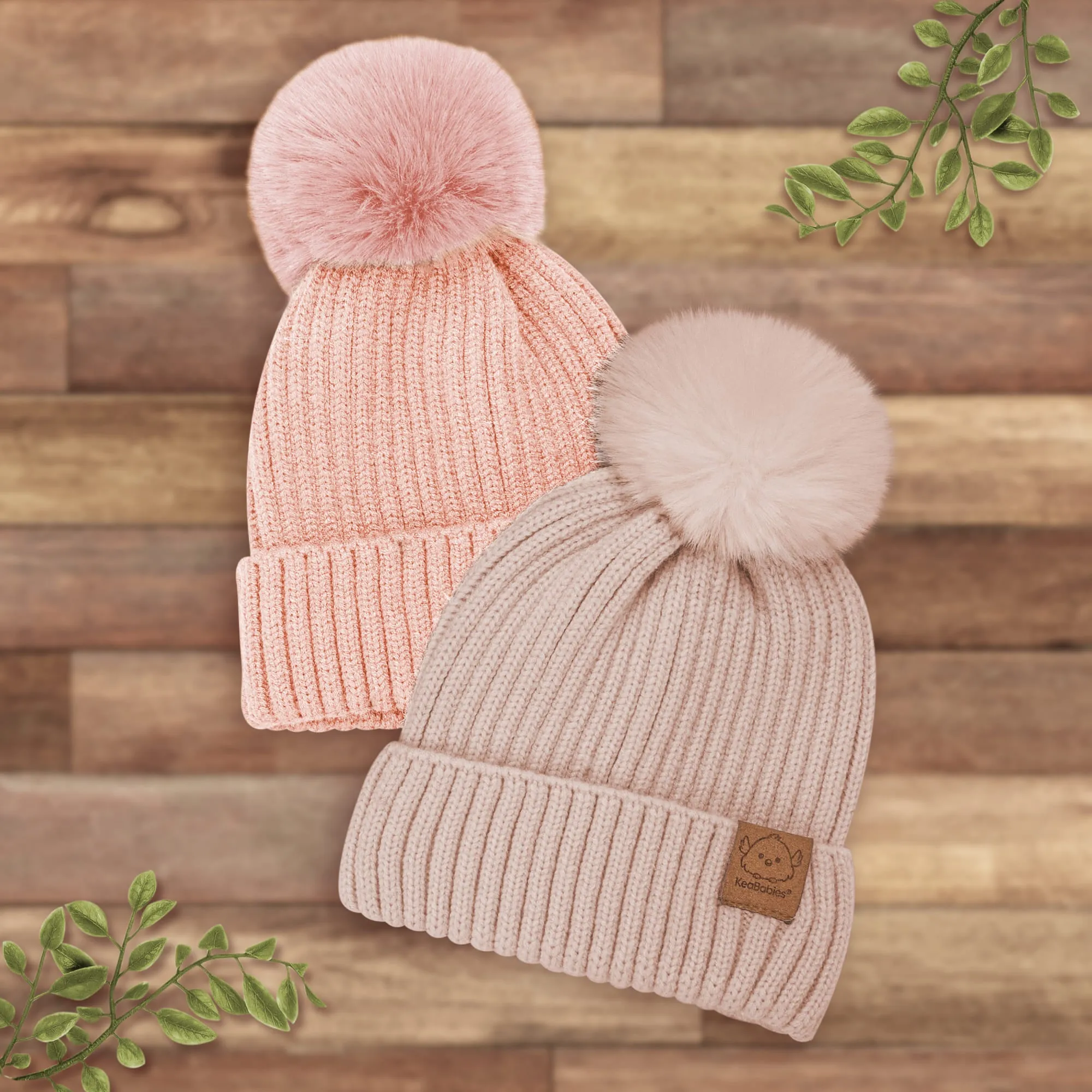 2-Pack Pom Knitted Beanie (Tea Rose)