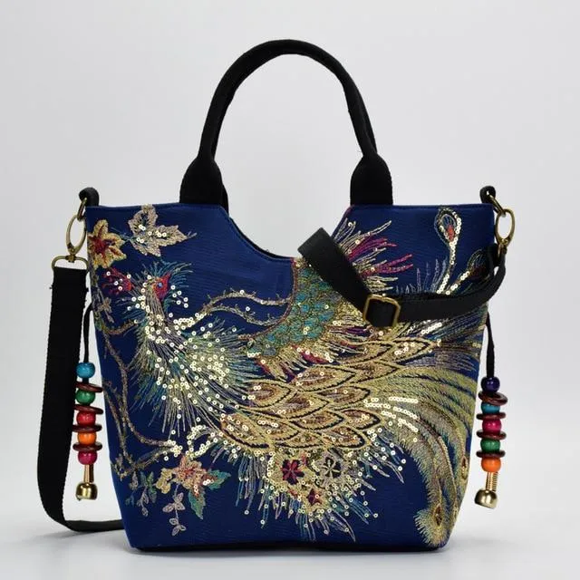 2018 New Canvas Women Handbag National Phoenix Embroidered Shoulder Totes Messenger Bag Leisure Crossbody Beach Travel Bag