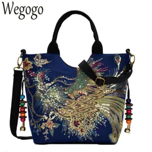 2018 New Canvas Women Handbag National Phoenix Embroidered Shoulder Totes Messenger Bag Leisure Crossbody Beach Travel Bag