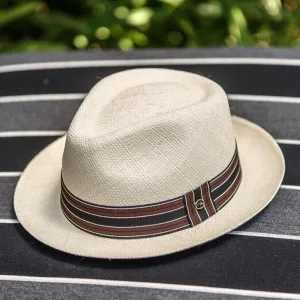 Austral Beige Panama Hat - The Isla with Stripe Navy Band