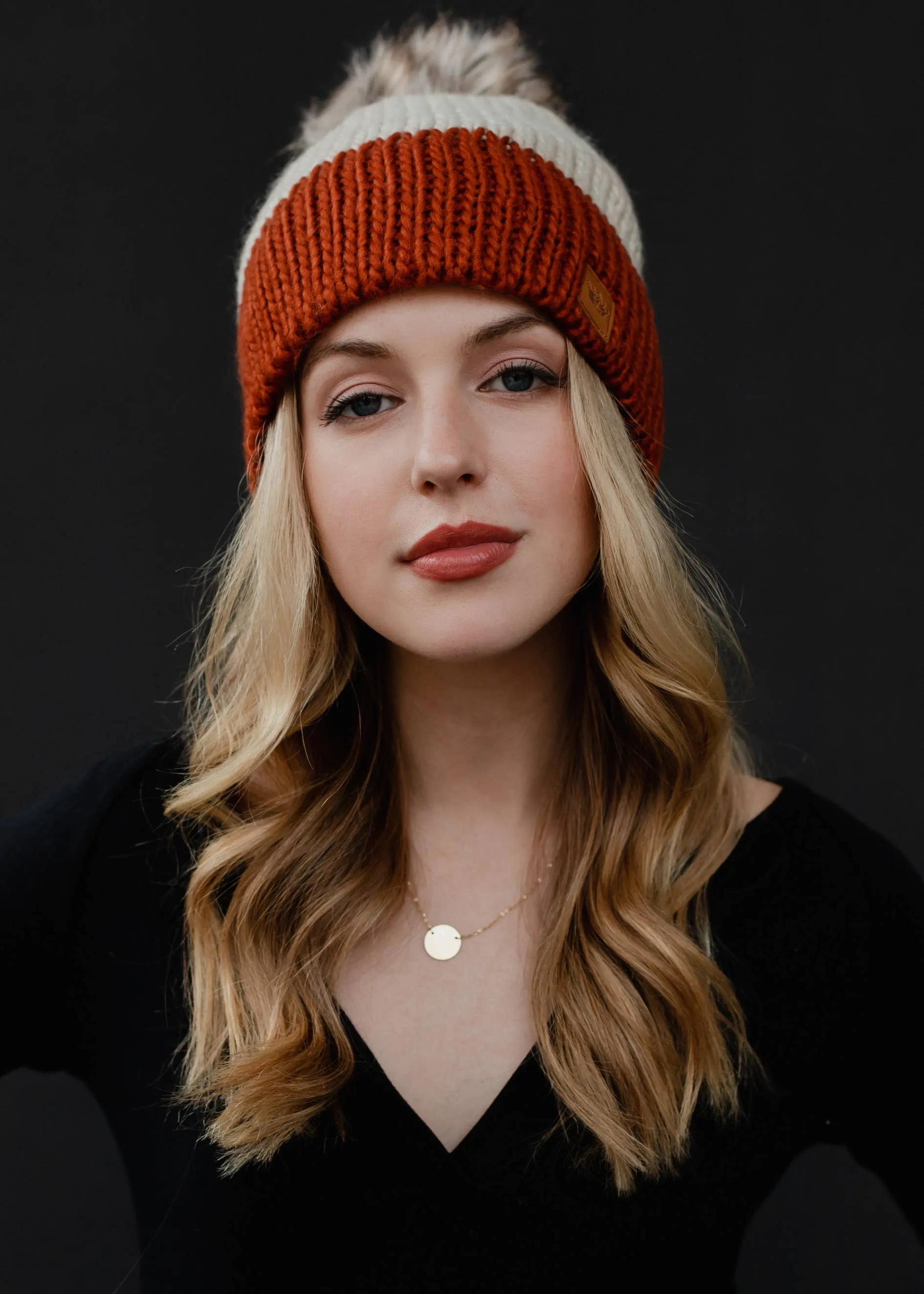 Beige & Rust Color Block Pom Hat