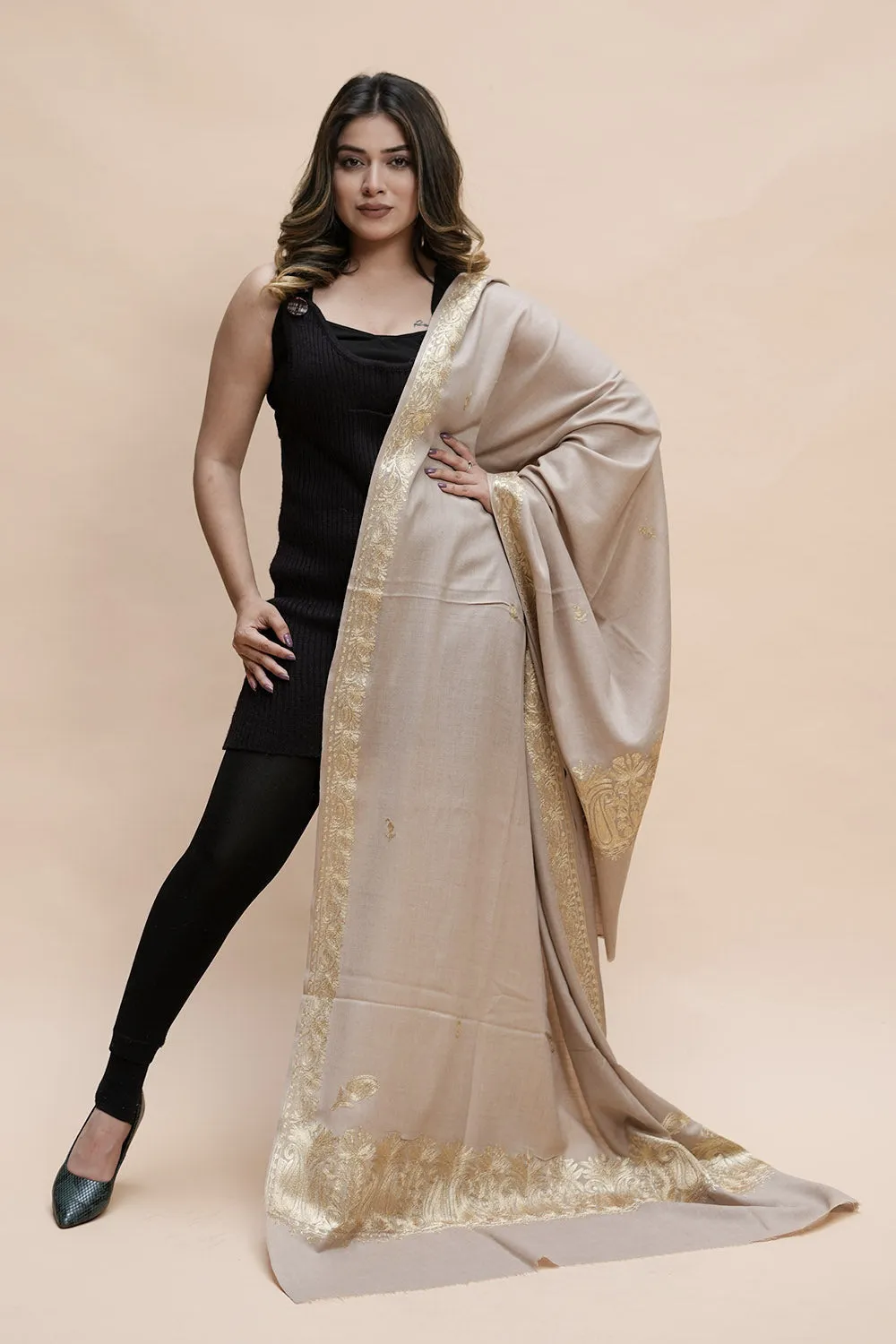 Beige Colour Semi Pashmina Shawl Enriched With Ethnic Heavy Golden Tilla Embroidery With Running border