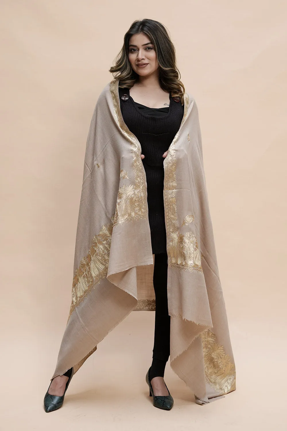 Beige Colour Semi Pashmina Shawl Enriched With Ethnic Heavy Golden Tilla Embroidery With Running border