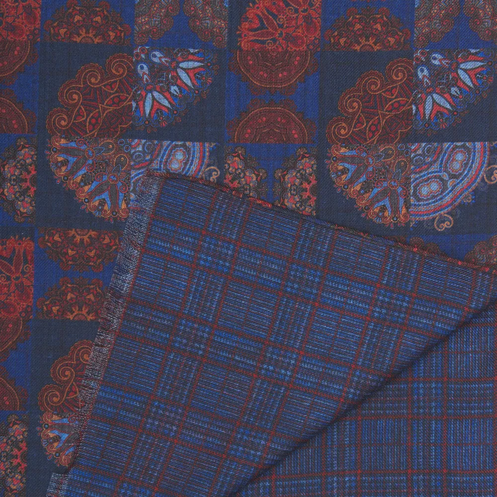 Blue and Burgundy Medallion Patchwork and Madras Pattern Wool Scarf