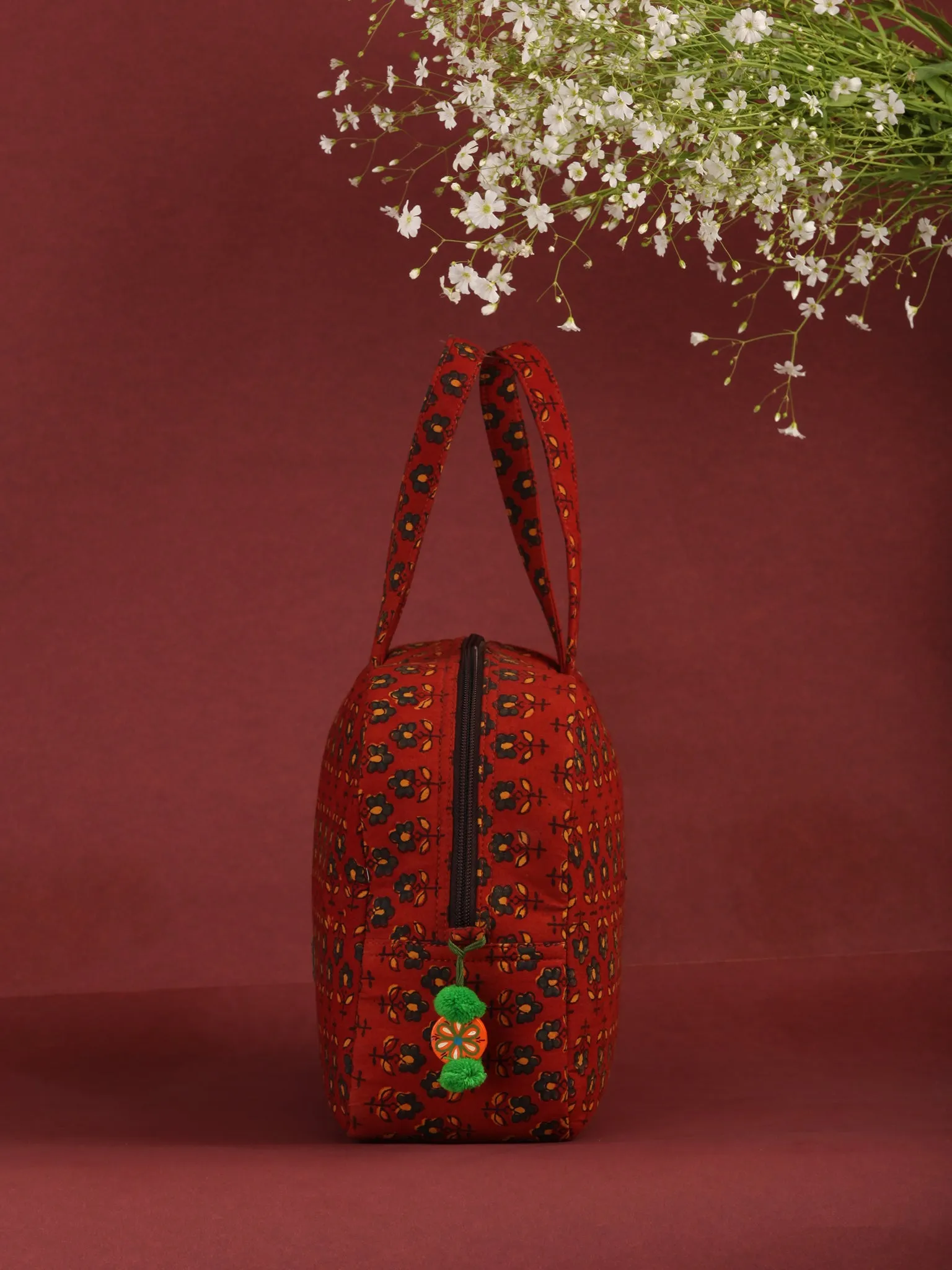 Brick Red Ajrakh Hand Block Printed Bucket Style Hand Bag - B0702