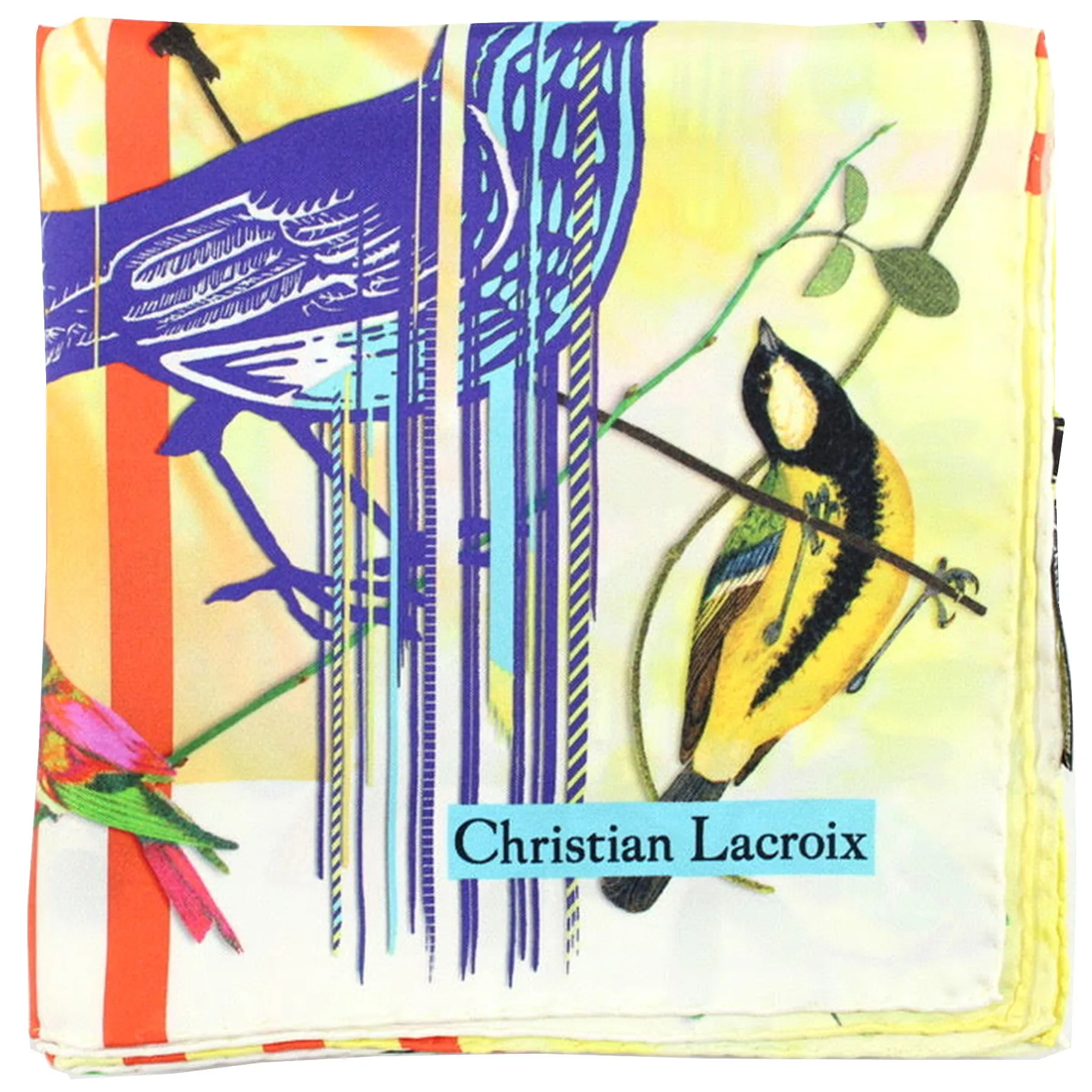 Christian Lacroix Scarf Yellow Blue Orange Birds - Large 36 Inch Square Twill Silk Scarf