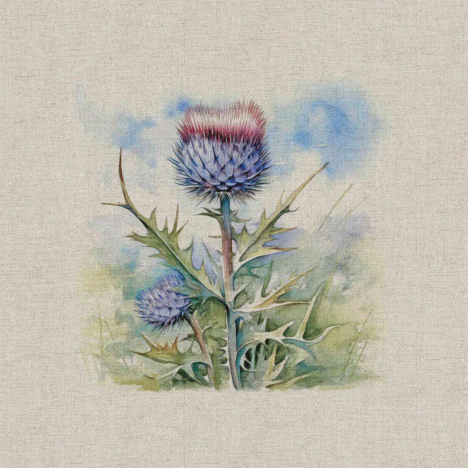 Cotton Linen-Look Digital Panel - Thistles