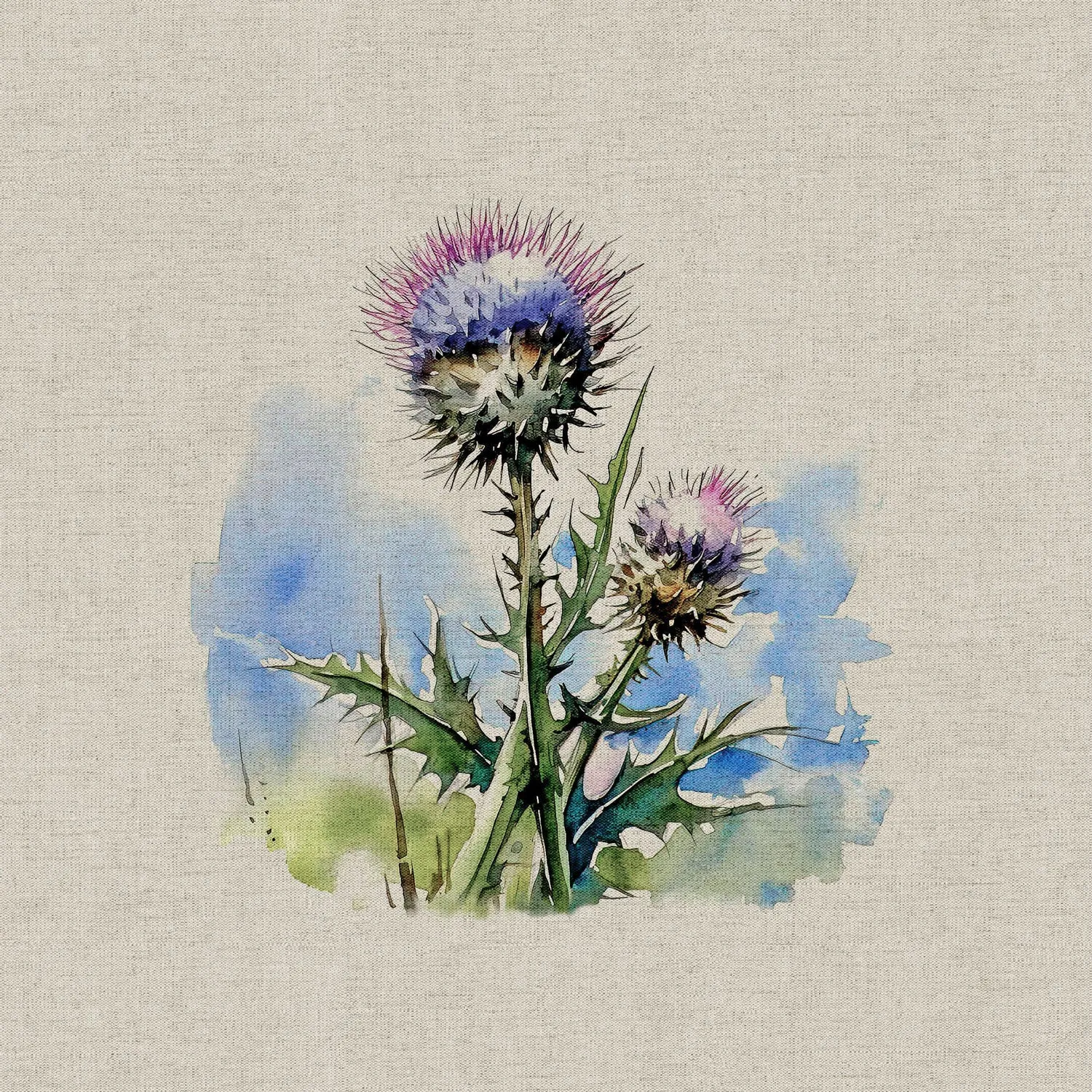 Cotton Linen-Look Digital Panel - Thistles