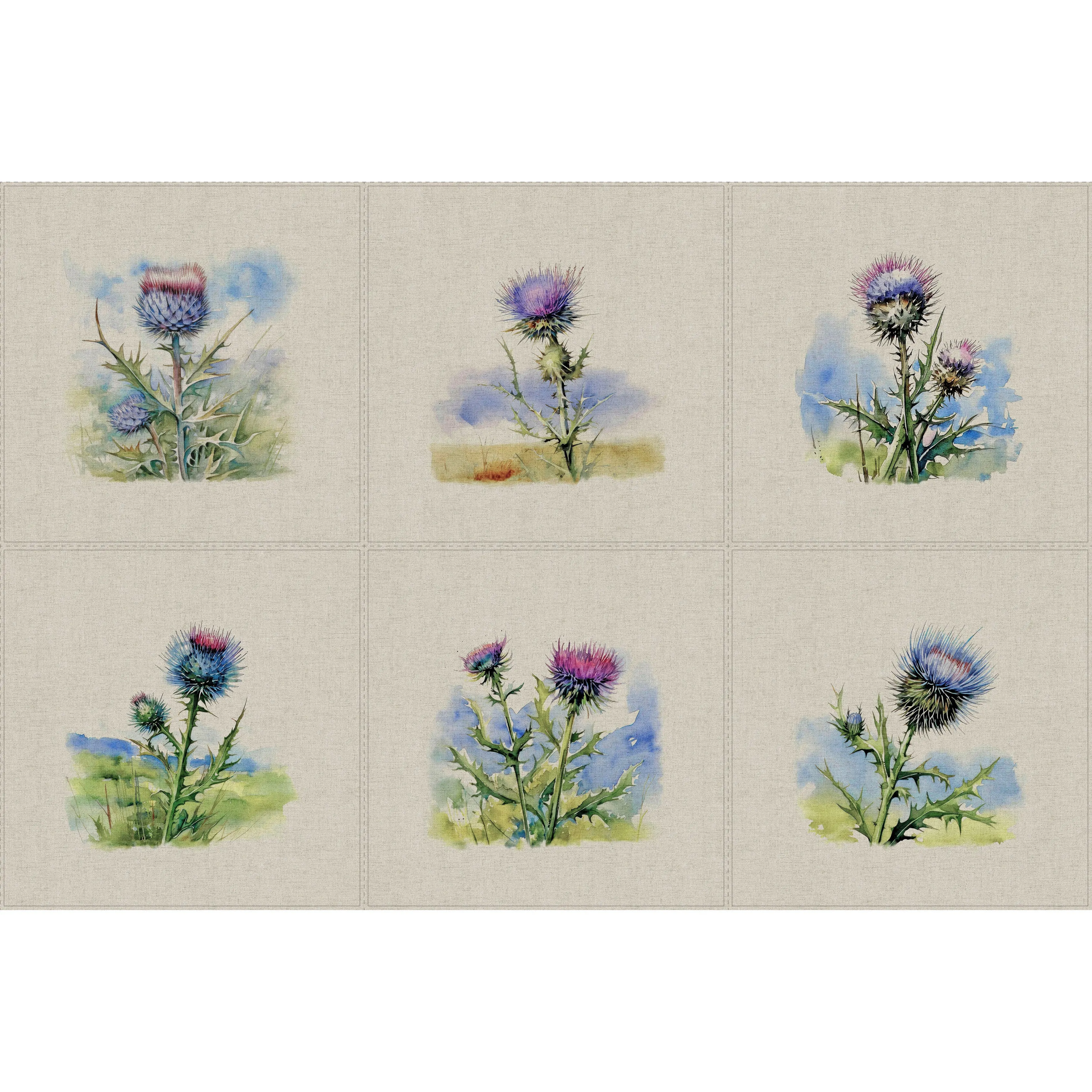 Cotton Linen-Look Digital Panel - Thistles