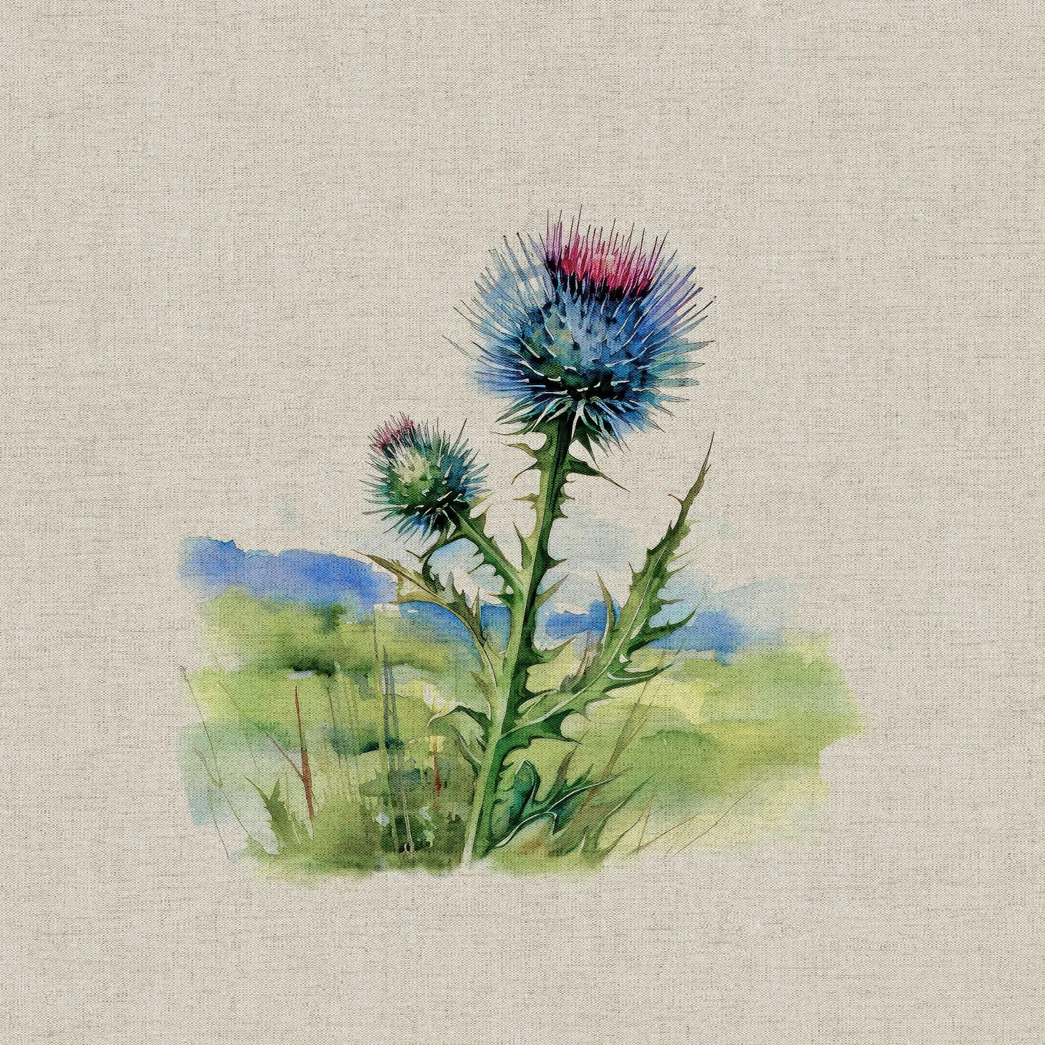 Cotton Linen-Look Digital Panel - Thistles