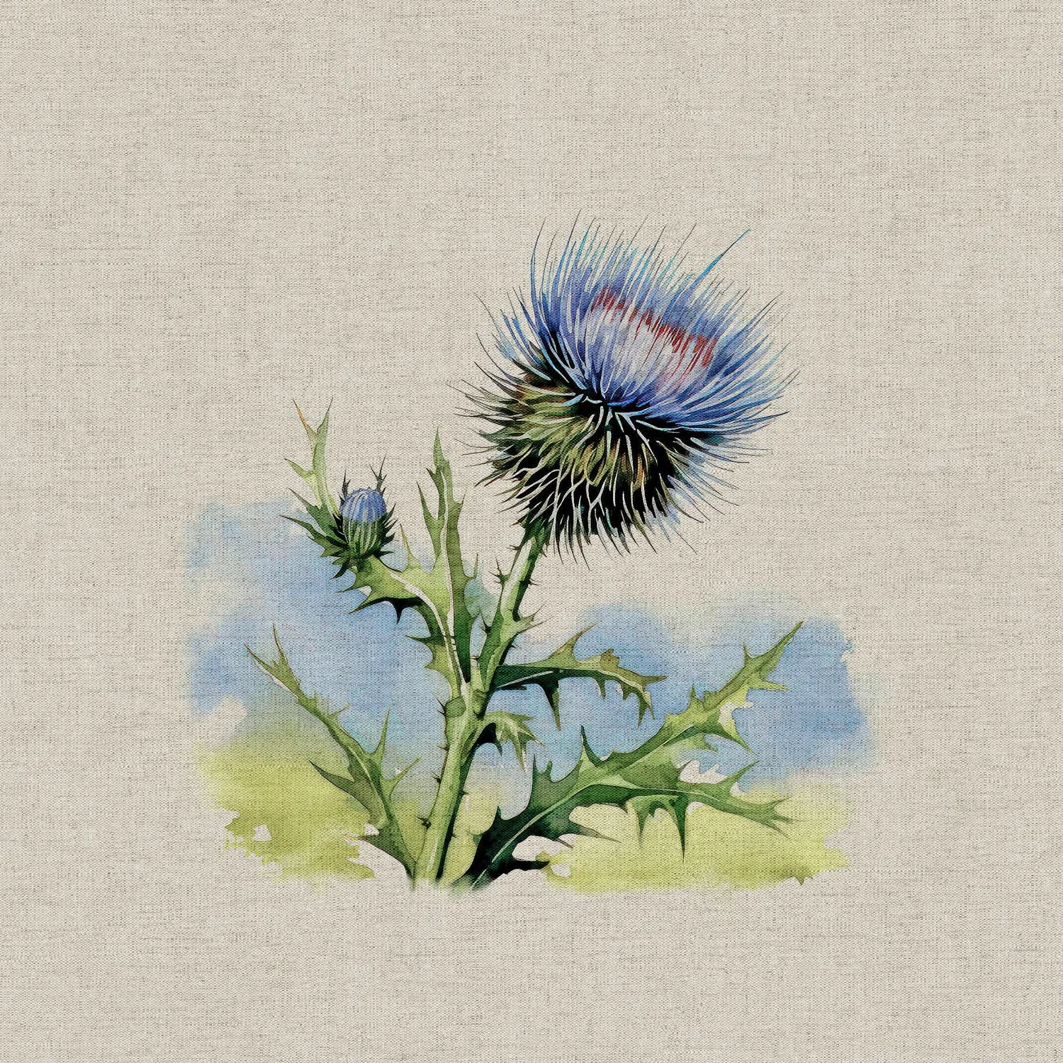 Cotton Linen-Look Digital Panel - Thistles