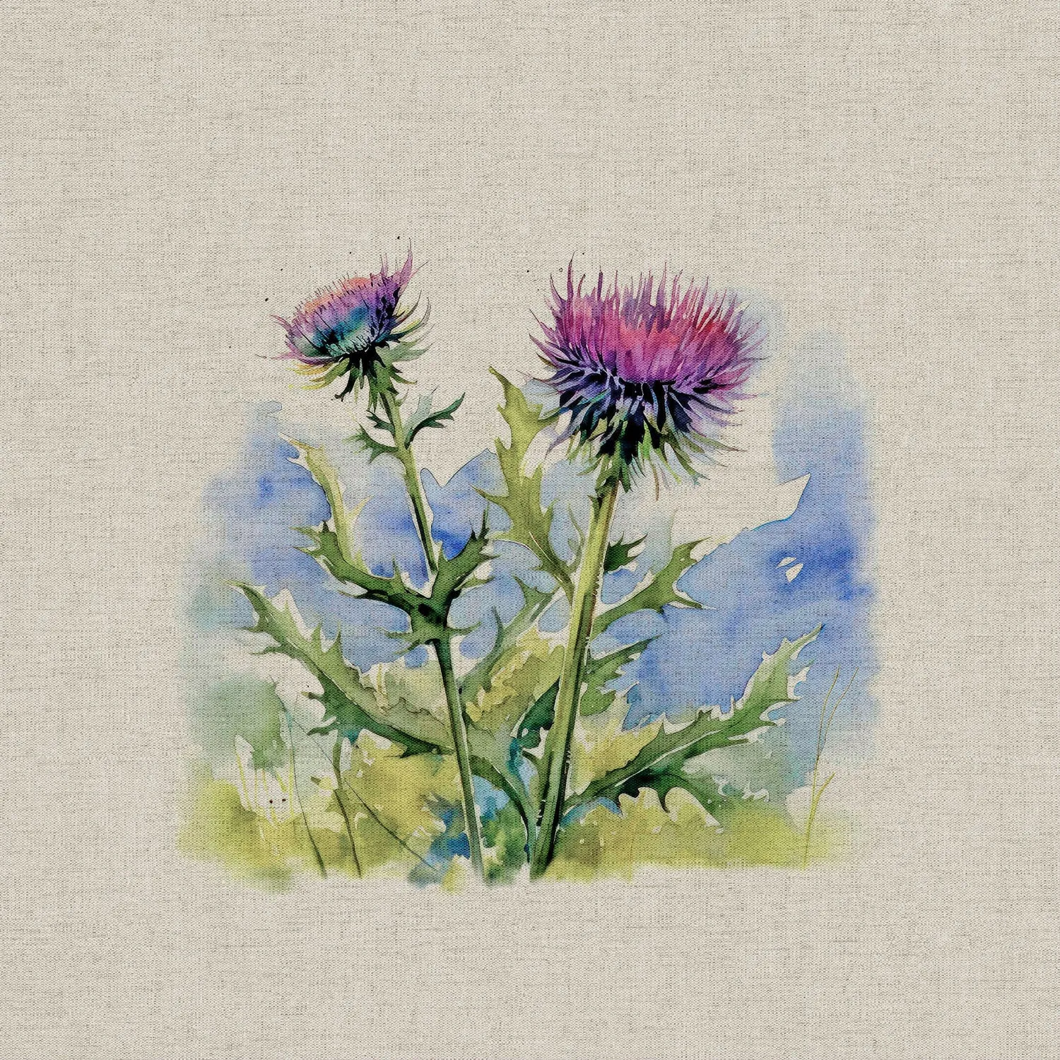 Cotton Linen-Look Digital Panel - Thistles