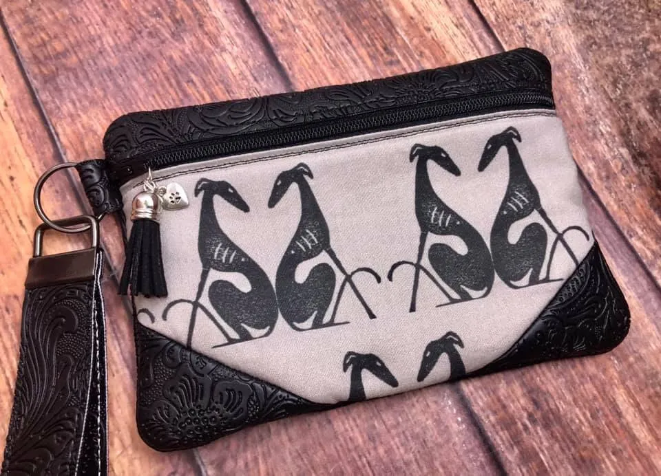 Elegant Hounds / Black Tooled Pleather Zipper Bag 6.5x4.5