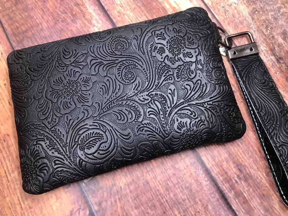 Elegant Hounds / Black Tooled Pleather Zipper Bag 6.5x4.5