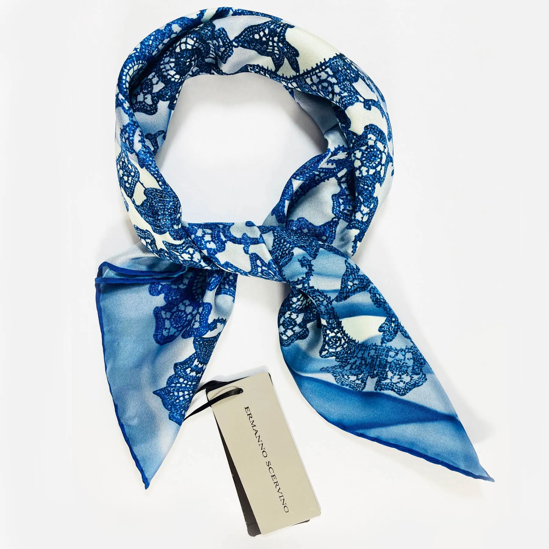 Ermanno Scervino Scarf Gray Navy Ornamental Design - 27 Inch Square Twill Silk Scarf