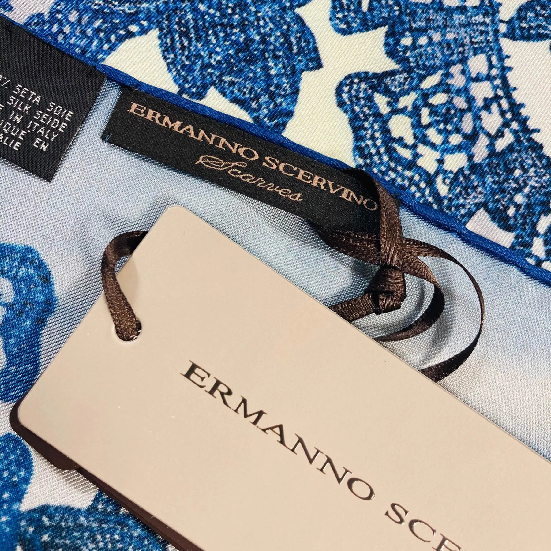 Ermanno Scervino Scarf Gray Navy Ornamental Design - 27 Inch Square Twill Silk Scarf