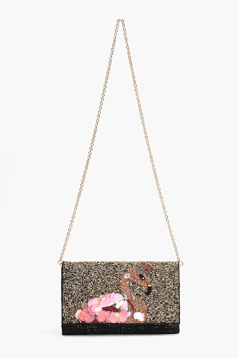 Golden Flamingo Beaded Clutch