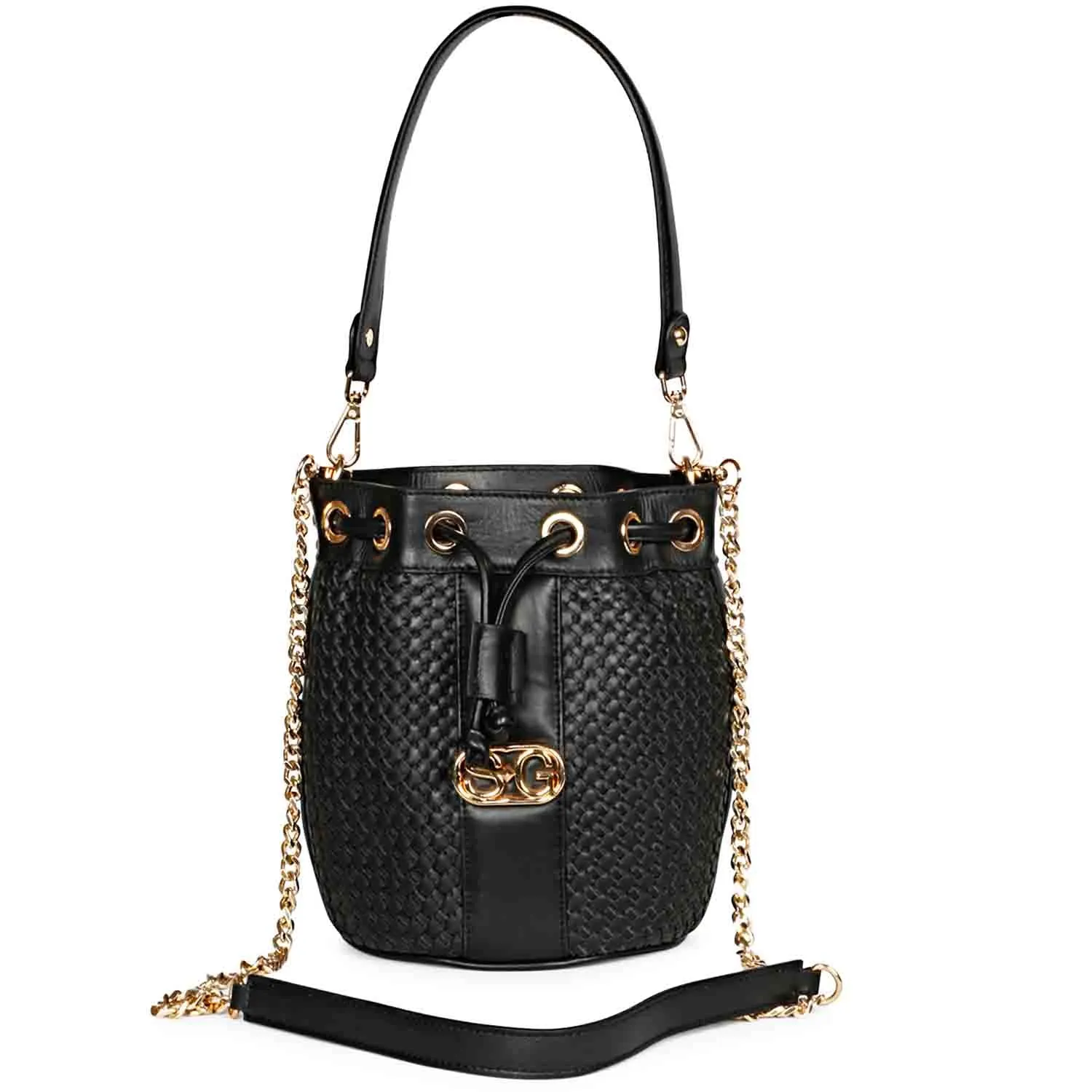 Halsey Black Hand Woven Leather Bucket Bags