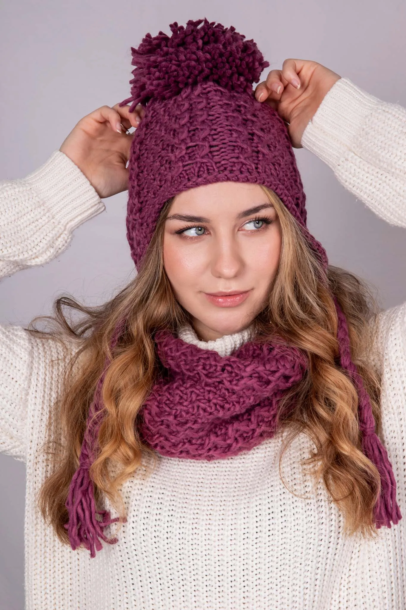 Honeycomb Knit Pom Pom Trapper Hat