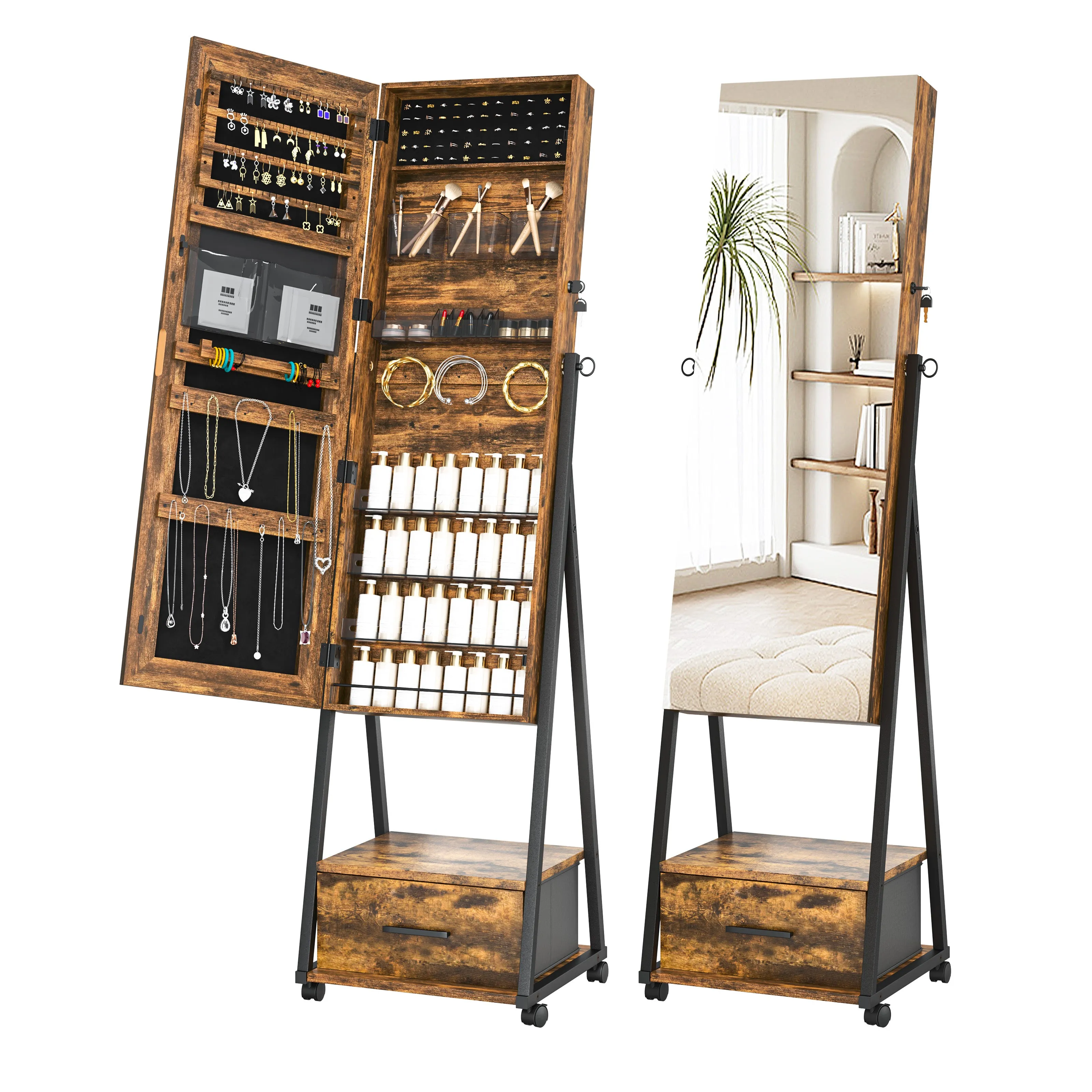 Jewelry Cabinet with Wheels, Lockable