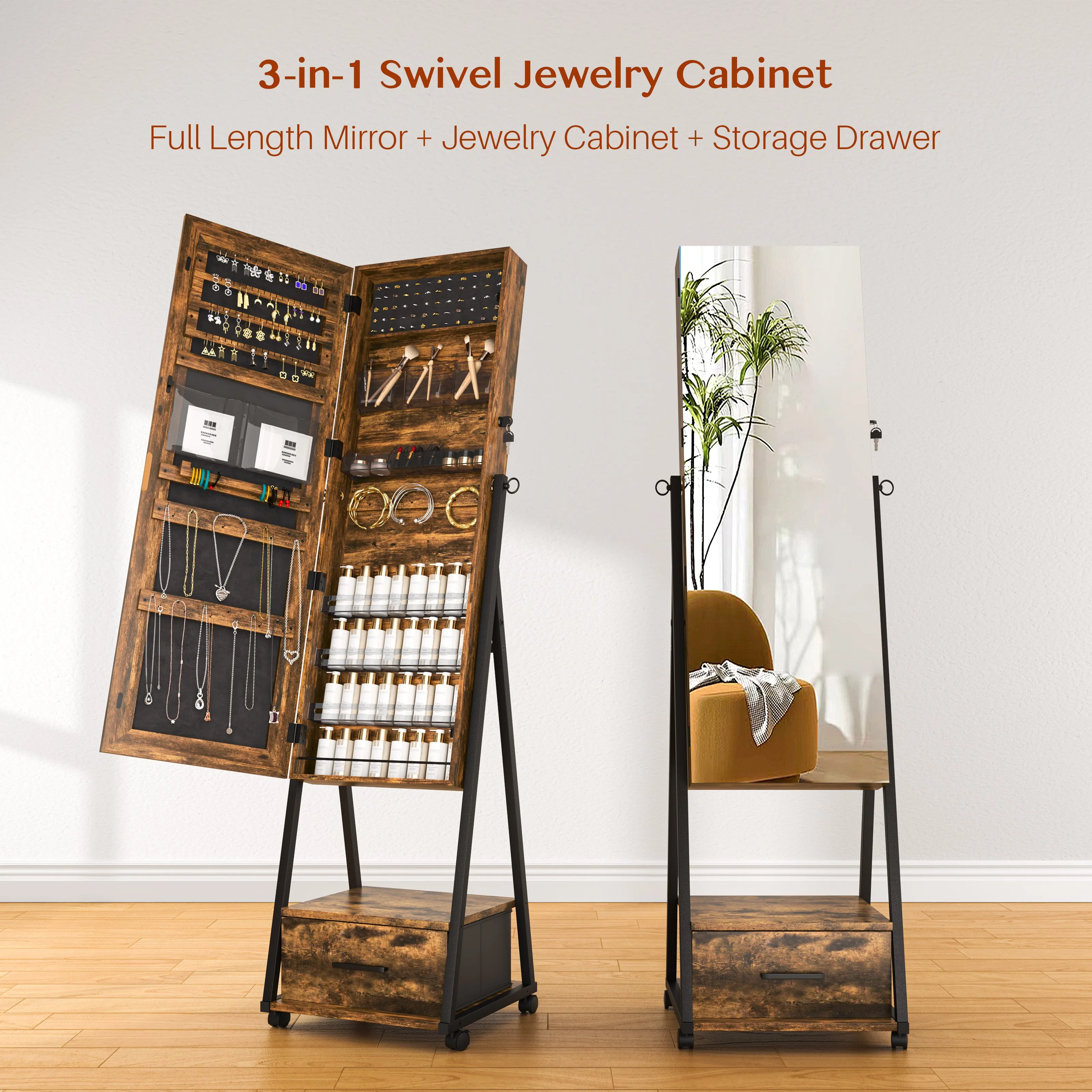 Jewelry Cabinet with Wheels, Lockable