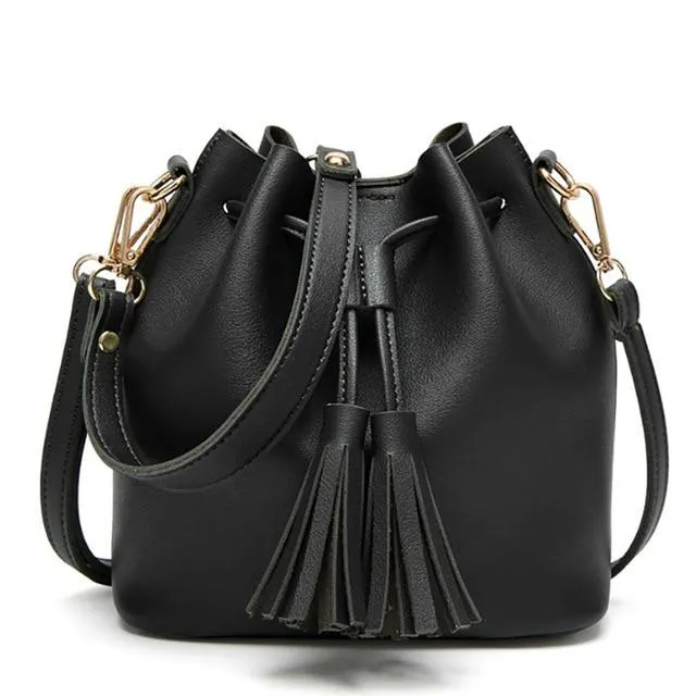 JIARUO Vintage Fashion Small Women Leather Bucket Bag Handbag Tassel Drawstring Shoulder Bag Messenger Crossbody Bags Purses