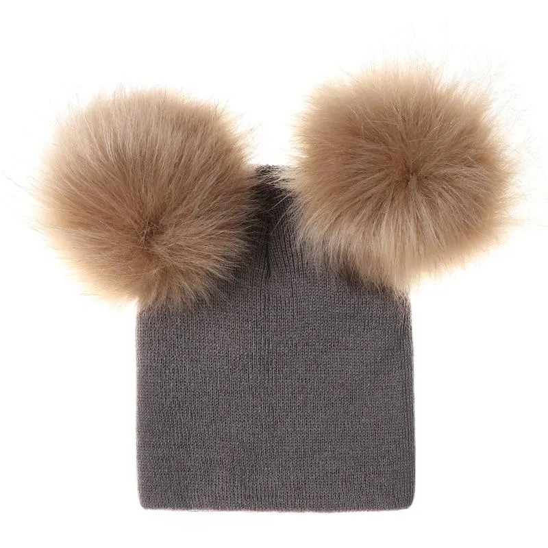 Kids/Baby Unisex Cute Winter Warm Double Faux Fur Pompom Caps Beanies