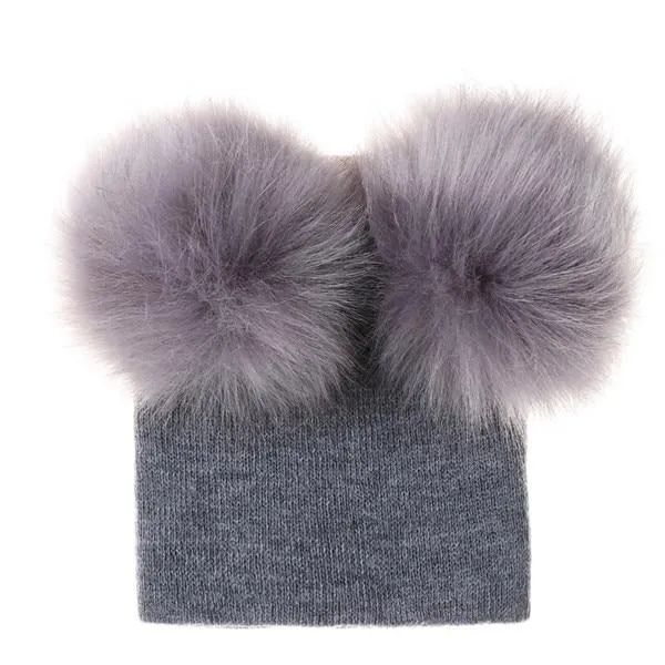 Kids/Baby Unisex Cute Winter Warm Double Faux Fur Pompom Caps Beanies