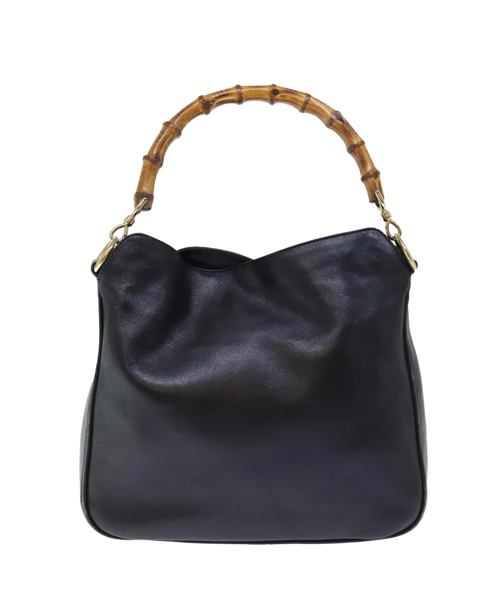 Leather Shoulder Bag with Bamboo Handle and Shoulder Strap