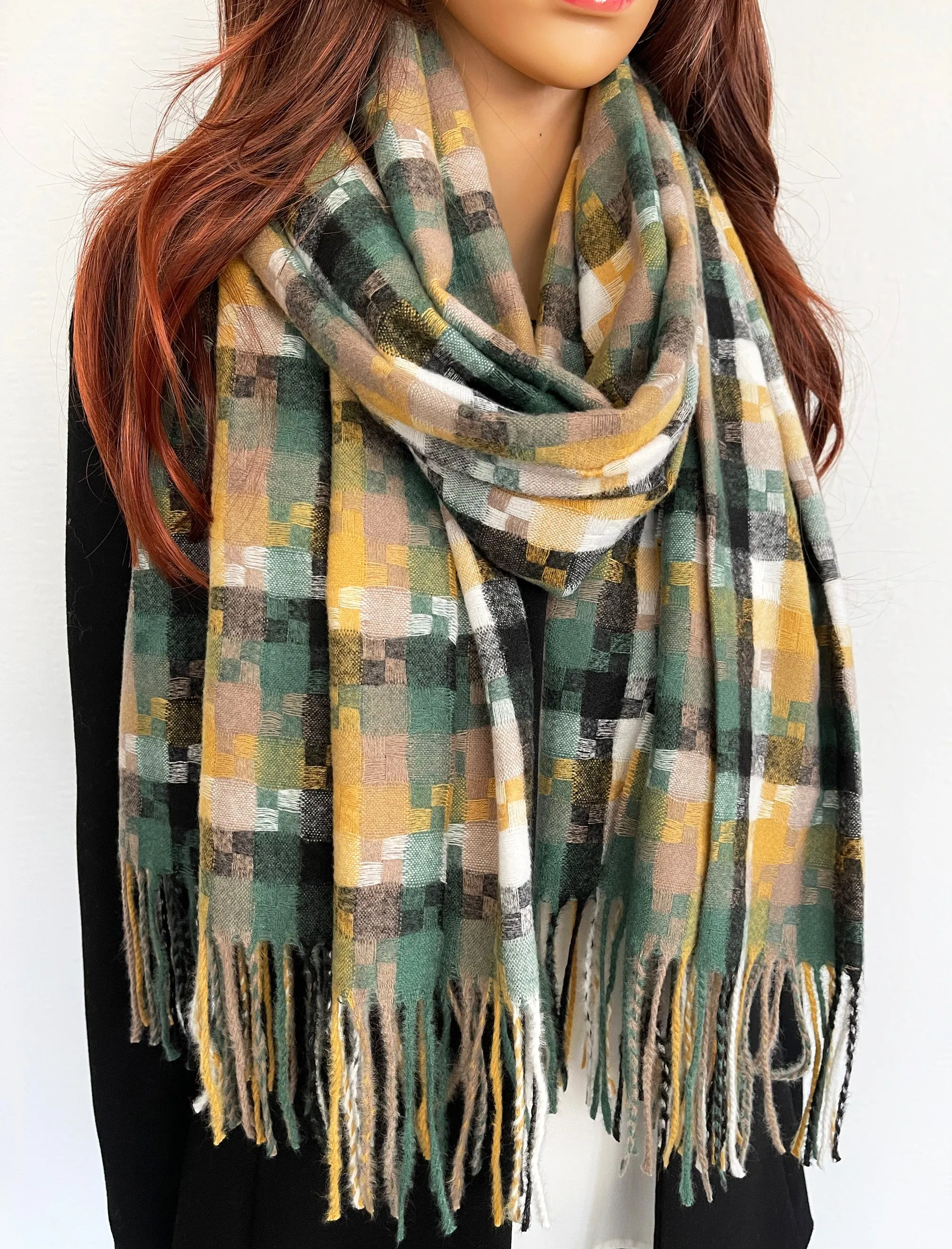 LONG GREEN MULTICOLOUR WOOL MIX CHECKED TARTAN SCARF