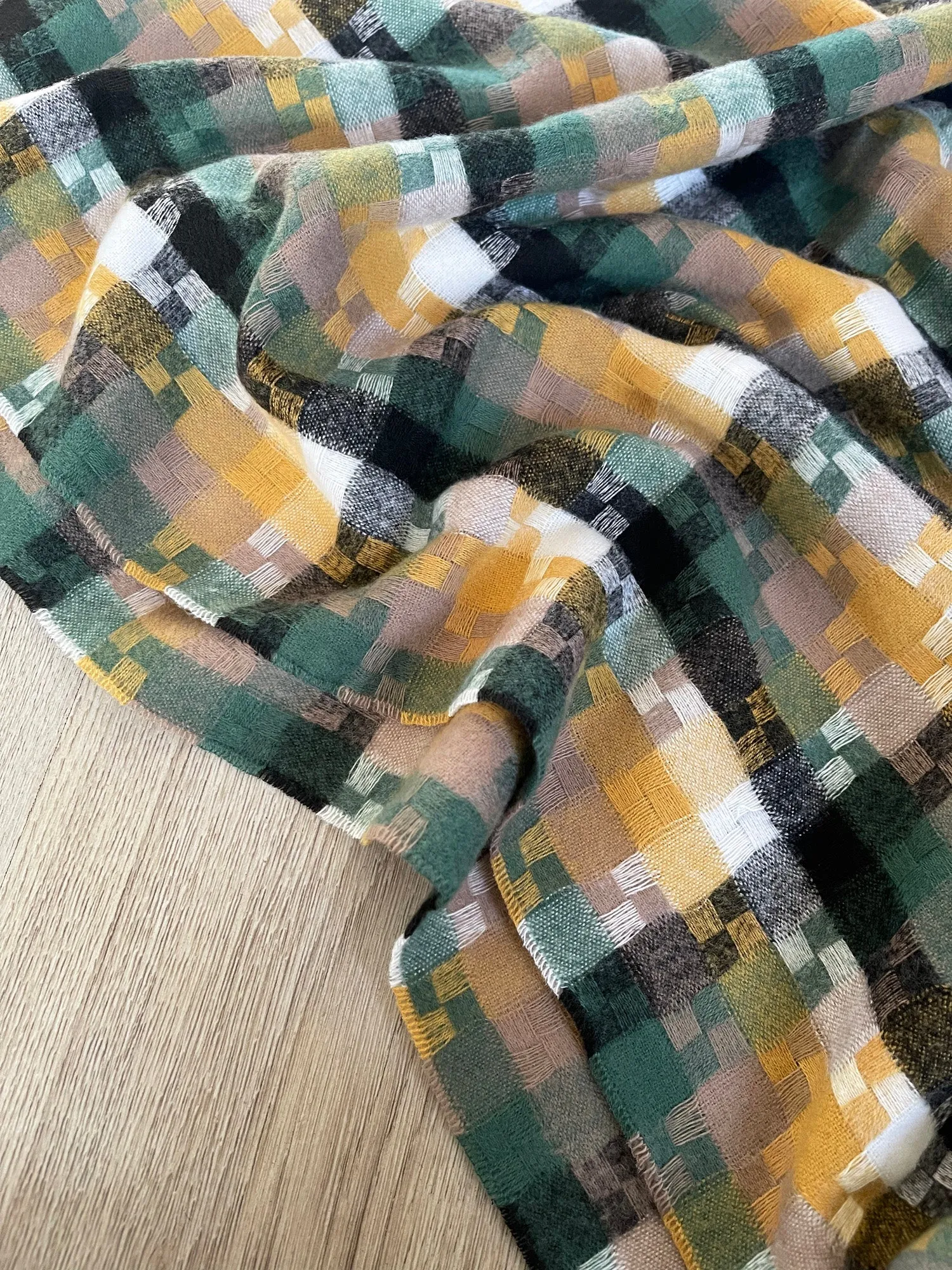 LONG GREEN MULTICOLOUR WOOL MIX CHECKED TARTAN SCARF