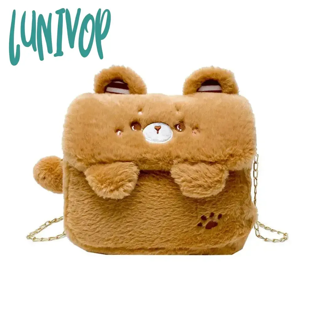 Lunivop Cute Bear Shoulder Bag for Women Soft Fluffy Kawaii Versatile Trend Purse Winter Casual Girls Kid Solid Color Crossbody Bag