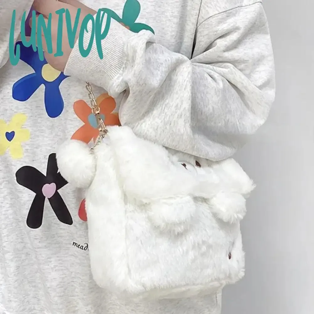 Lunivop Cute Bear Shoulder Bag for Women Soft Fluffy Kawaii Versatile Trend Purse Winter Casual Girls Kid Solid Color Crossbody Bag