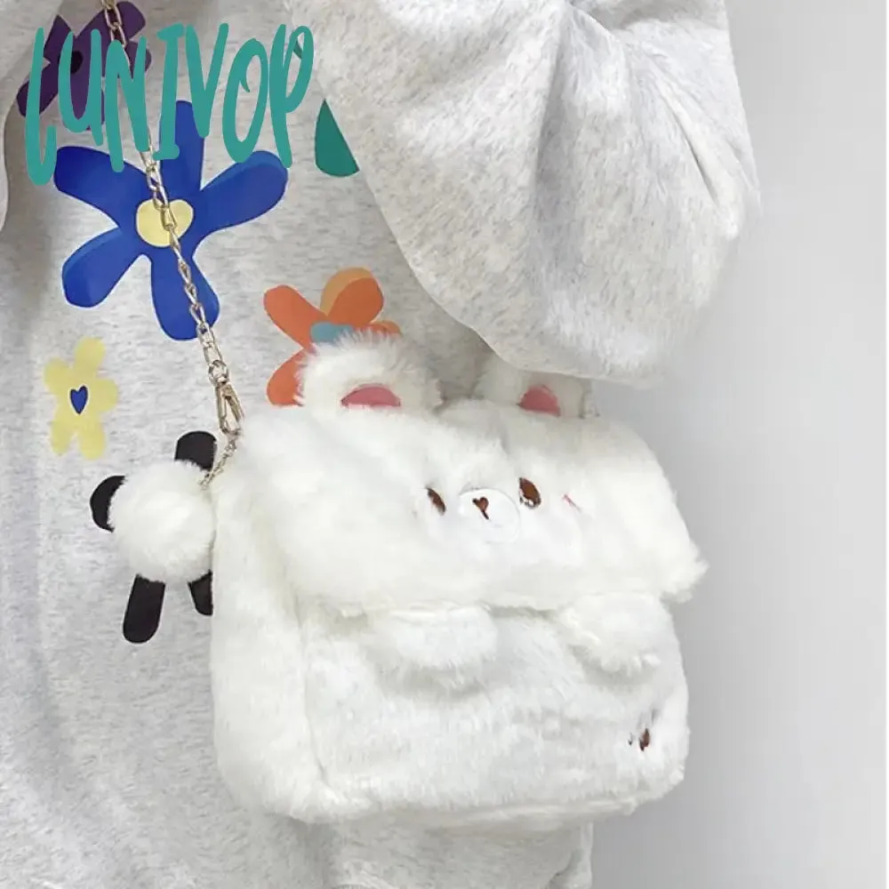 Lunivop Cute Bear Shoulder Bag for Women Soft Fluffy Kawaii Versatile Trend Purse Winter Casual Girls Kid Solid Color Crossbody Bag