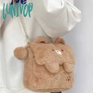 Lunivop Cute Bear Shoulder Bag for Women Soft Fluffy Kawaii Versatile Trend Purse Winter Casual Girls Kid Solid Color Crossbody Bag