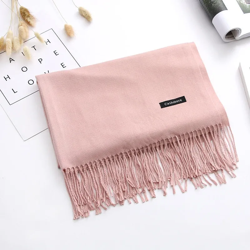 Luxury Solid Women Scarf Winter Cashmere Pashmina Shawls Warm Lady Blanket Wraps Bufanda Scarves Tassel Neck Echarpe 2022