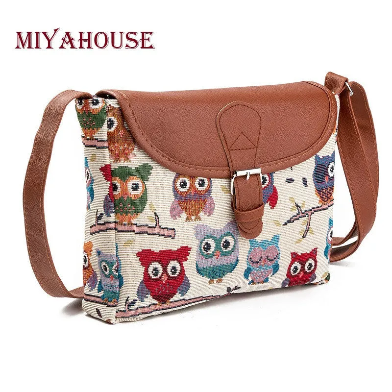 Miyahouse Summer Women Messenger Bags Flap Bag Lady Canvas Cartoon Owl Printed Crossbody Shoulder Bags Small Female Handbags