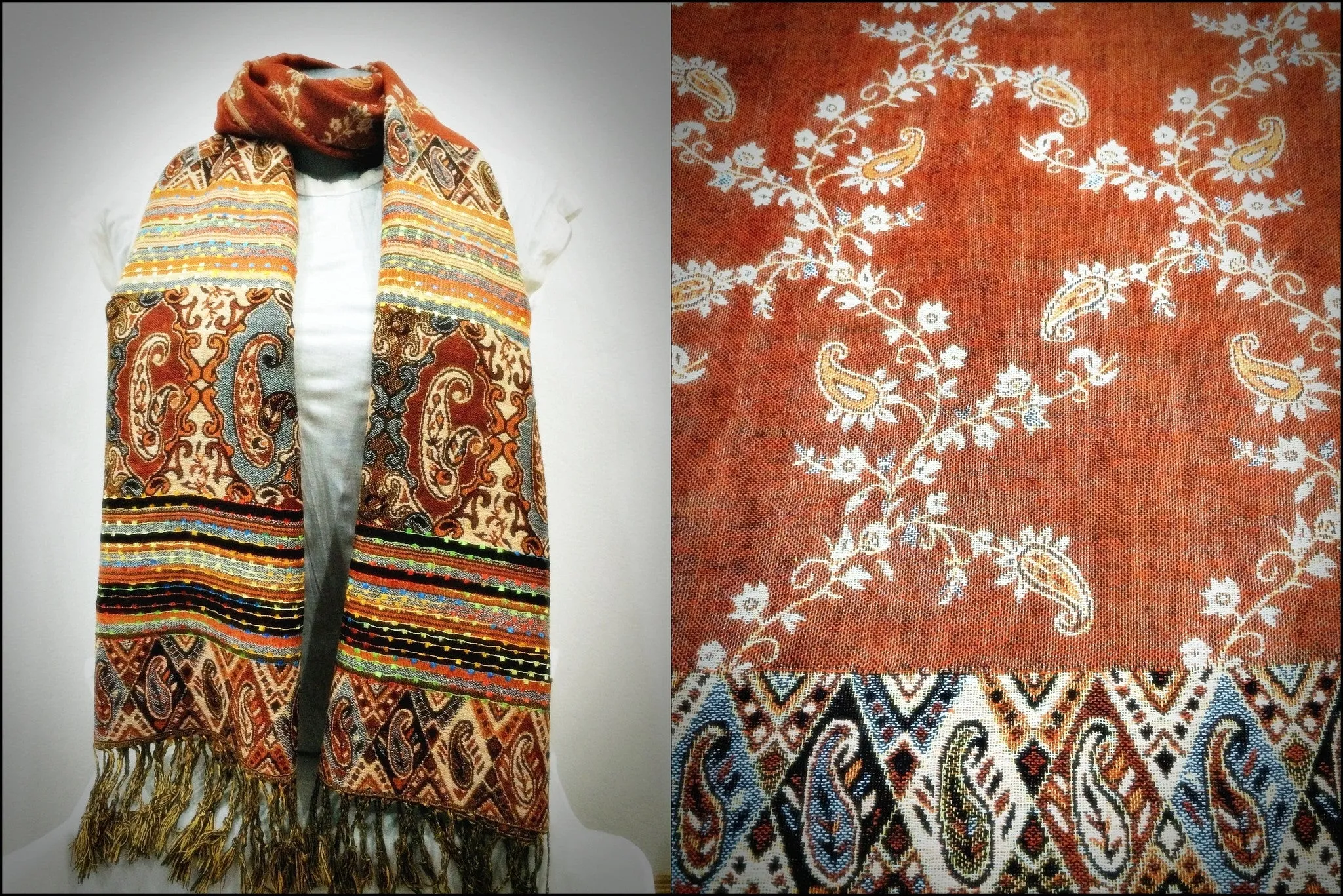 Nepal Floral Paisley Pashmina Shawl Scarf in Orange