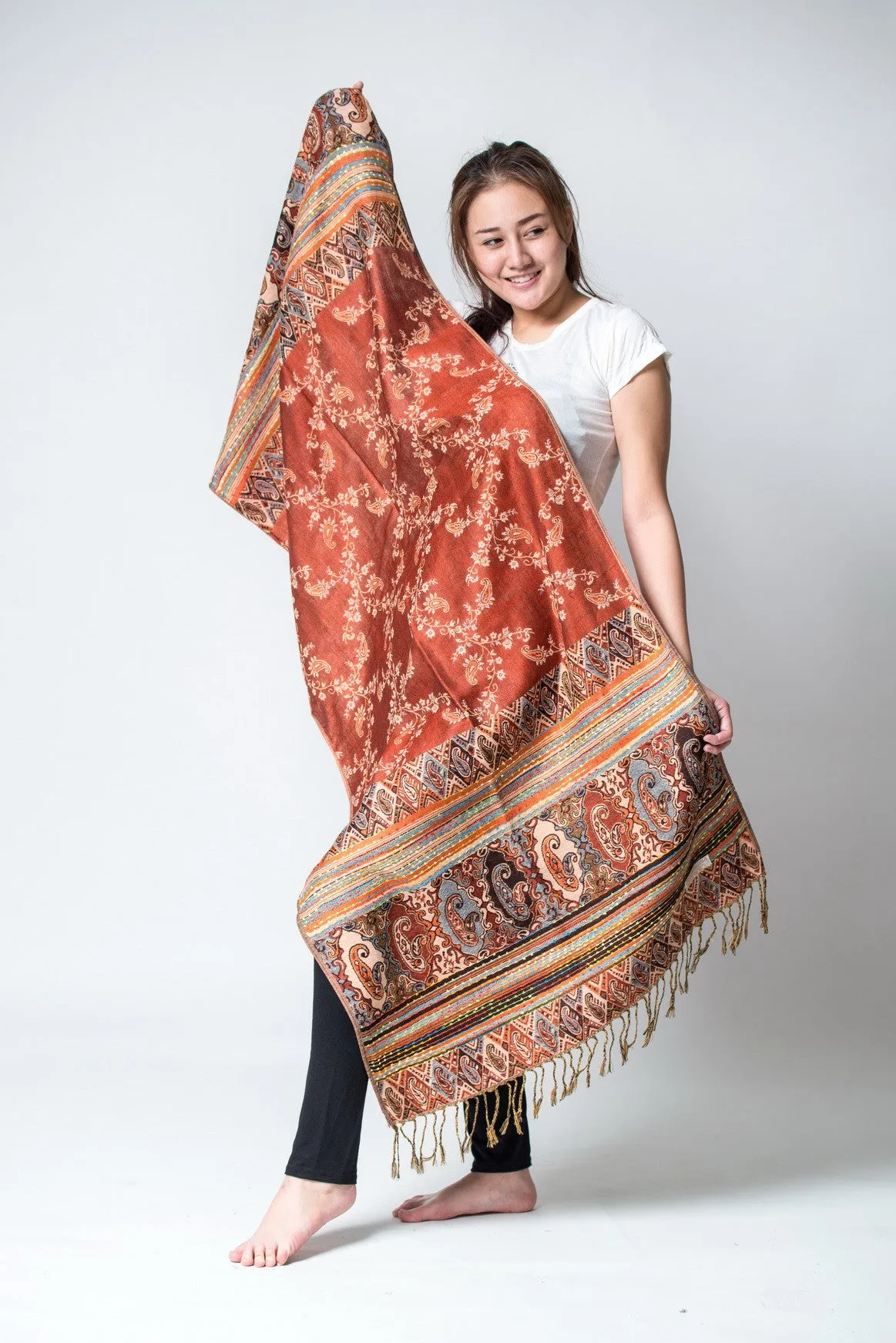 Nepal Floral Paisley Pashmina Shawl Scarf in Orange