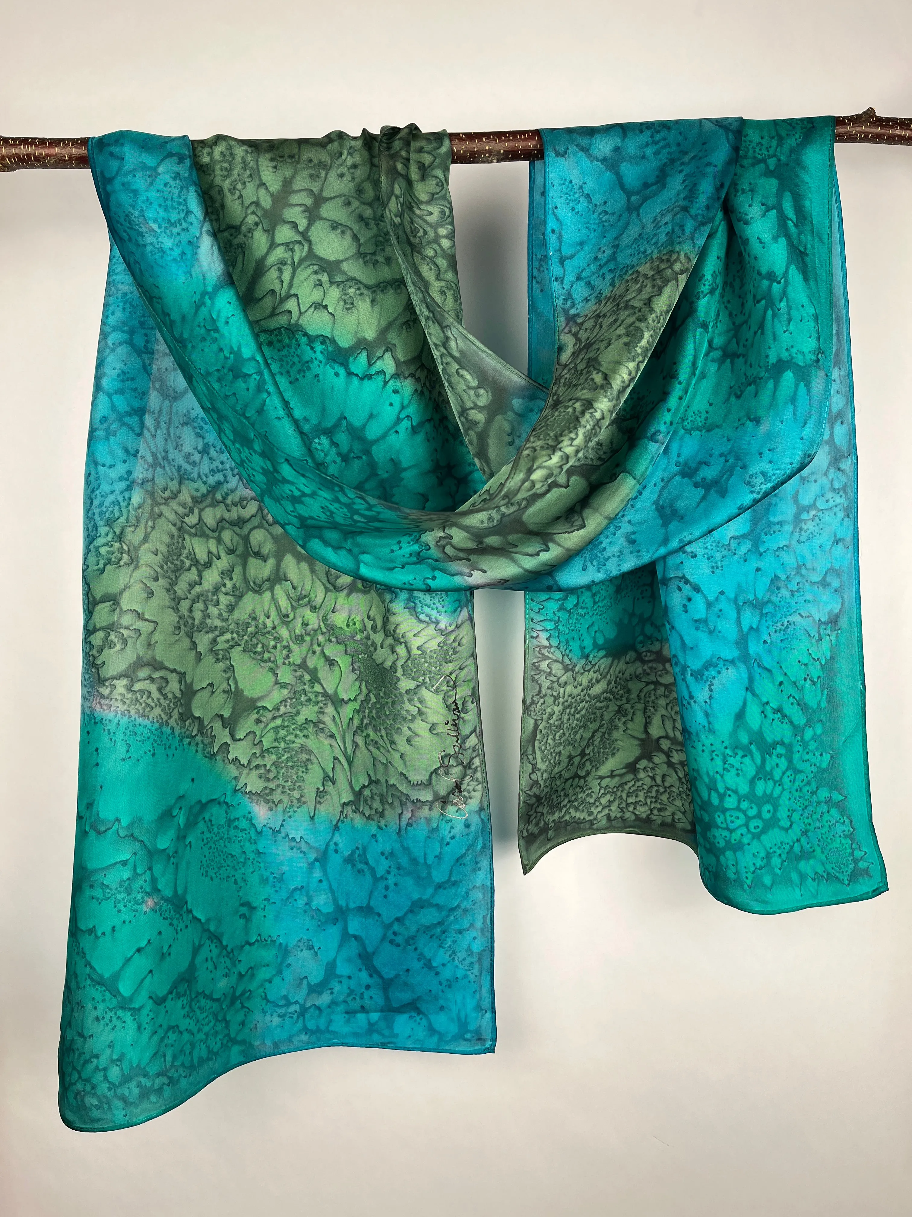 “Peacock Mermaid" - Hand-dyed Silk Scarf - $125