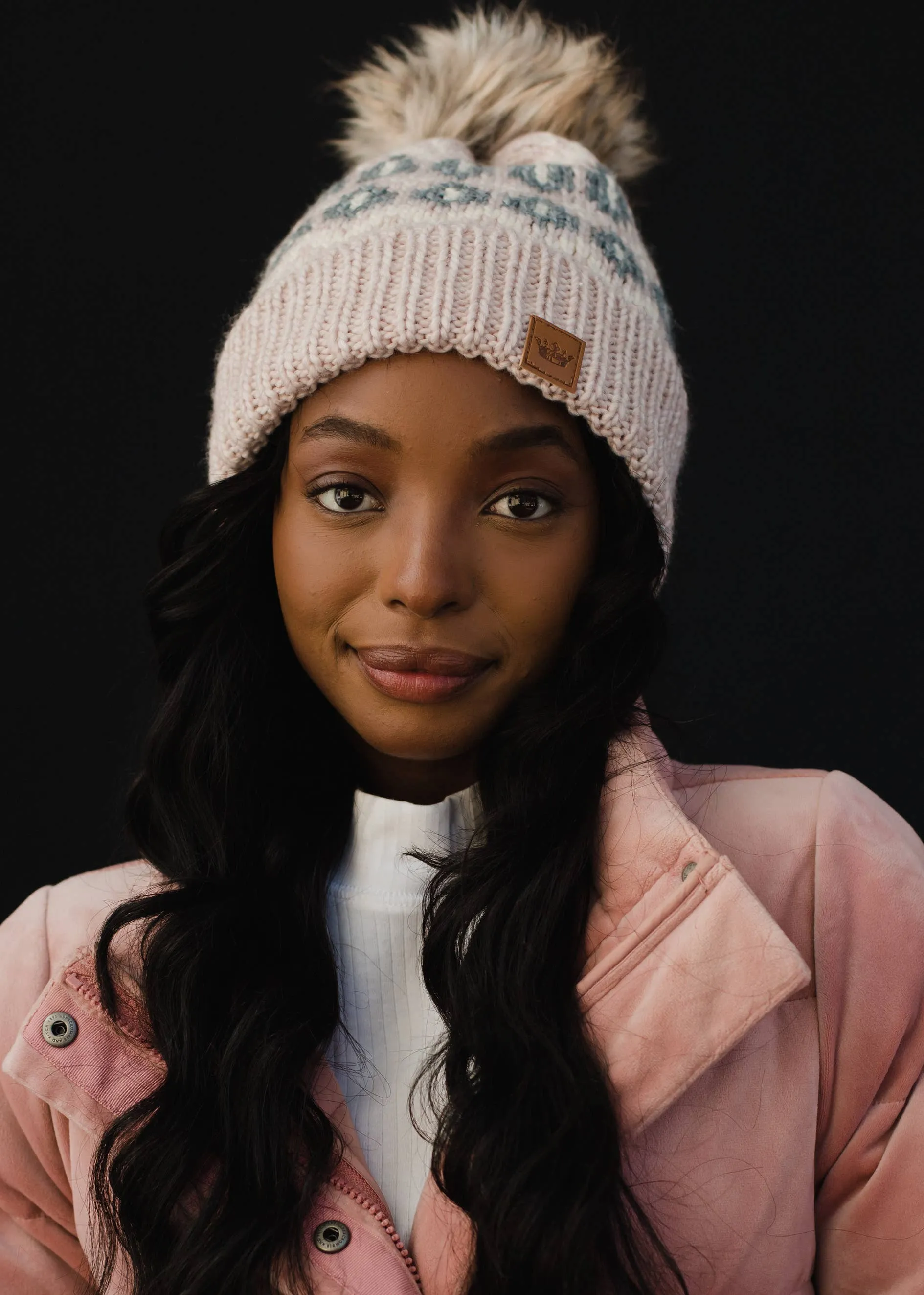 Pink, Grey & Cream Pattern Pom Hat