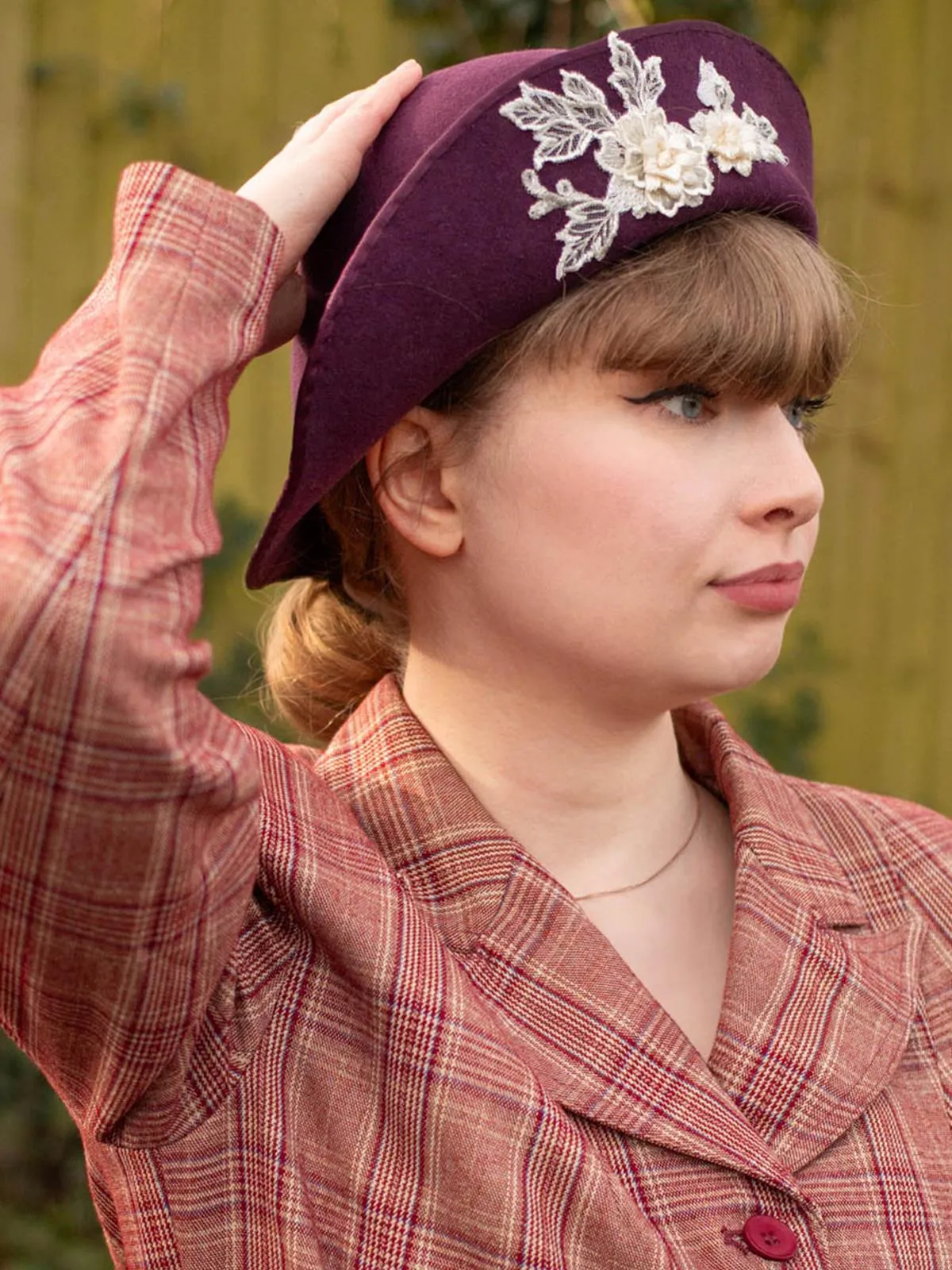 Purple Floral Applique 1940s Vintage Style Halo Hat