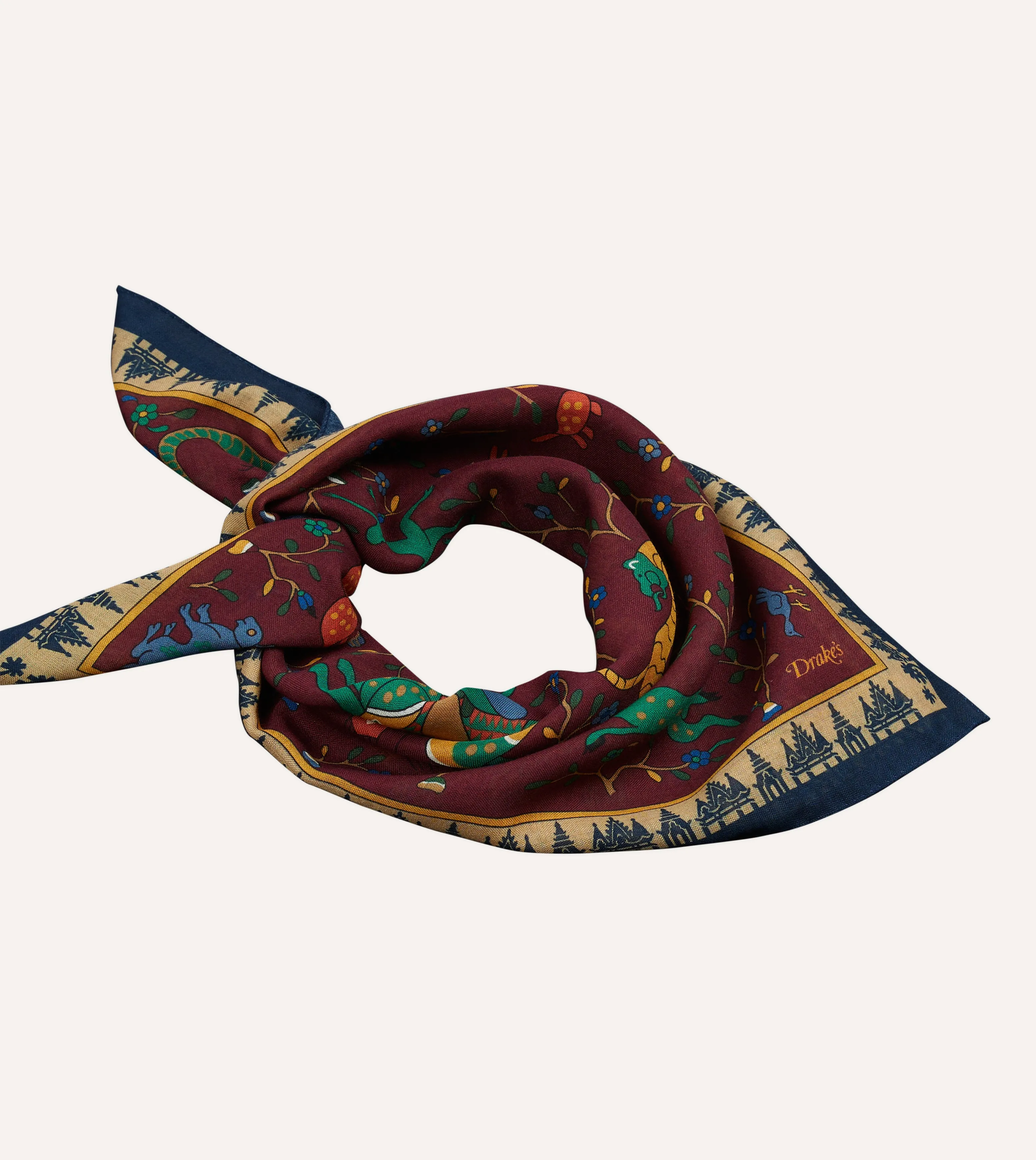 Red Mythical Animals Print Wool-Silk Bandana