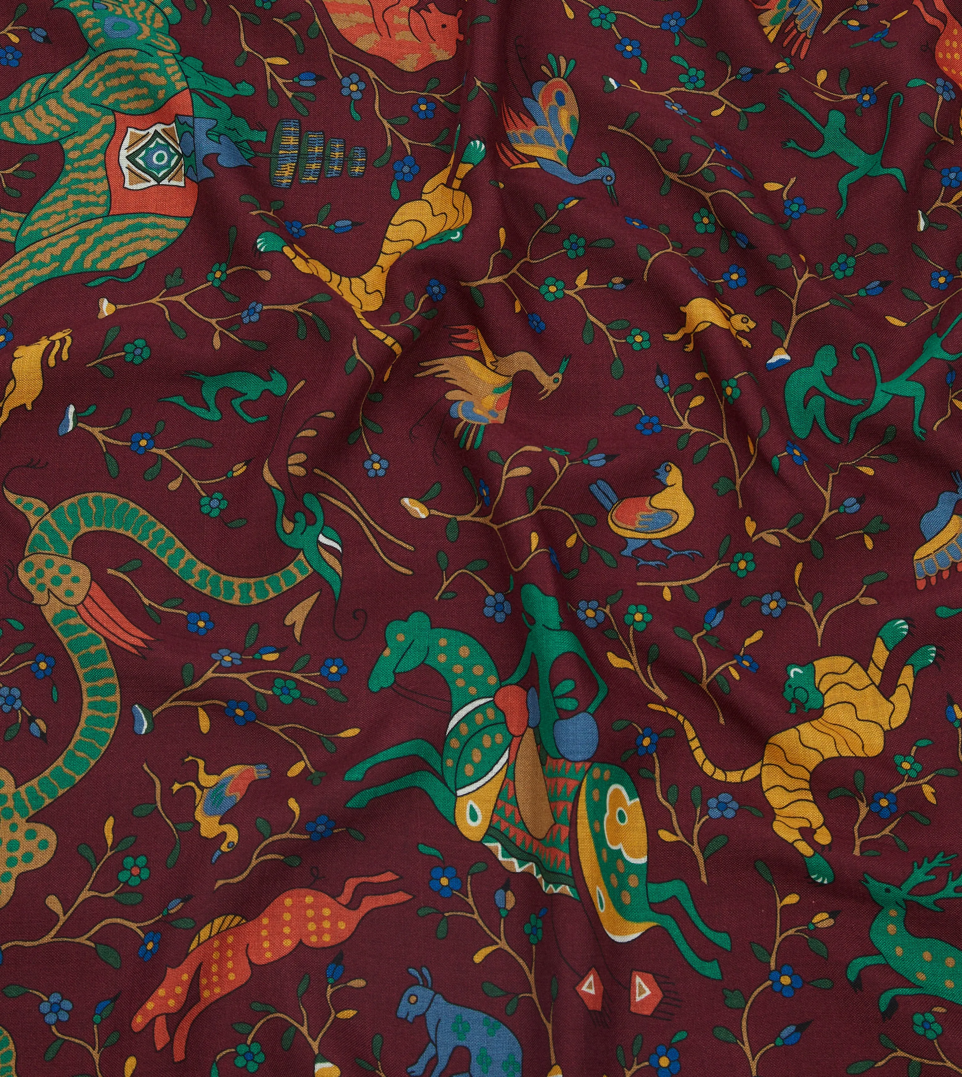 Red Mythical Animals Print Wool-Silk Bandana