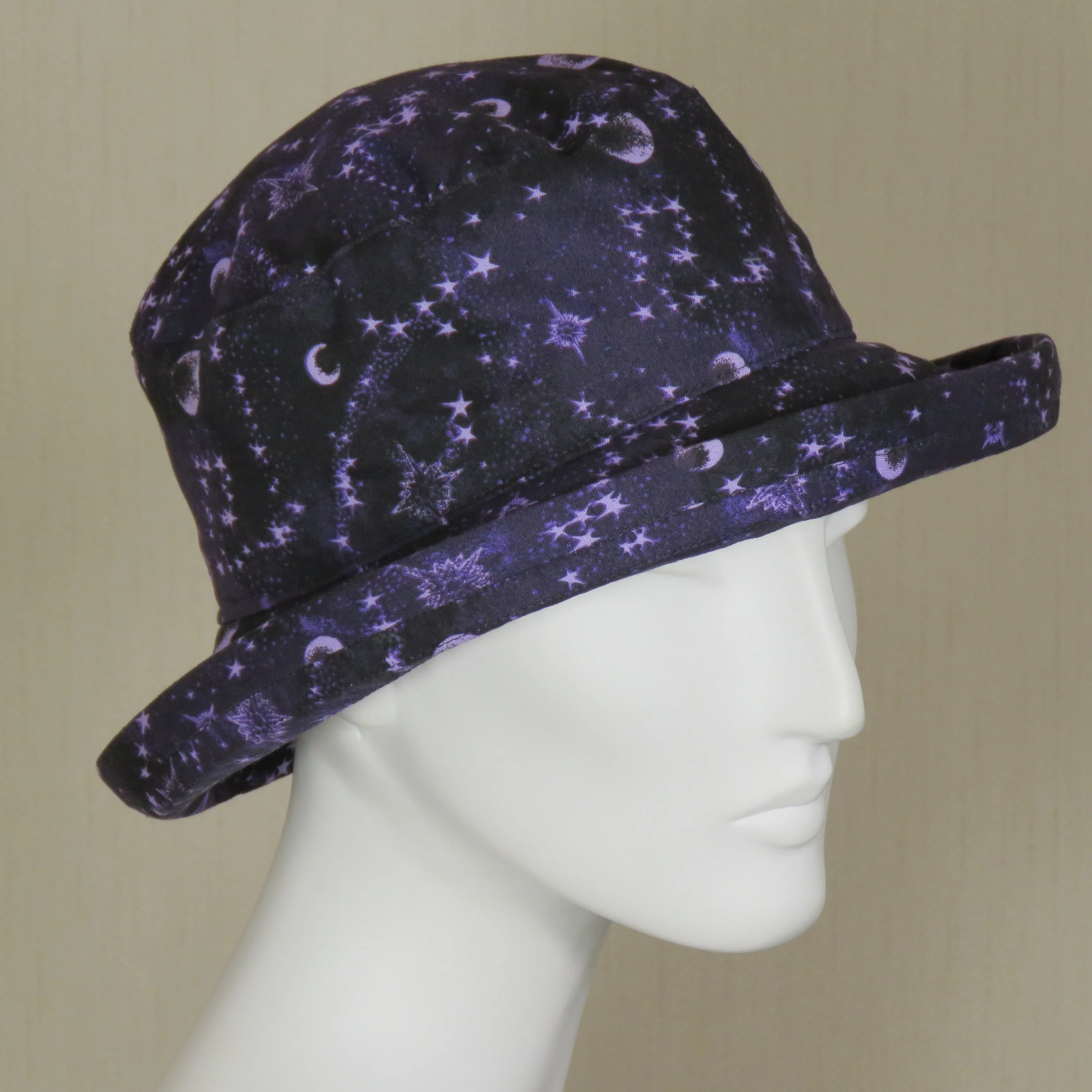 Roller Bowler, Celestial Print on Purple, Size Small to Medium