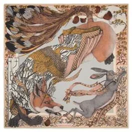 Sabina Savage "Cunning Kitsune" - Wool/Silk Silver and Salmon 135cm Square Scarf