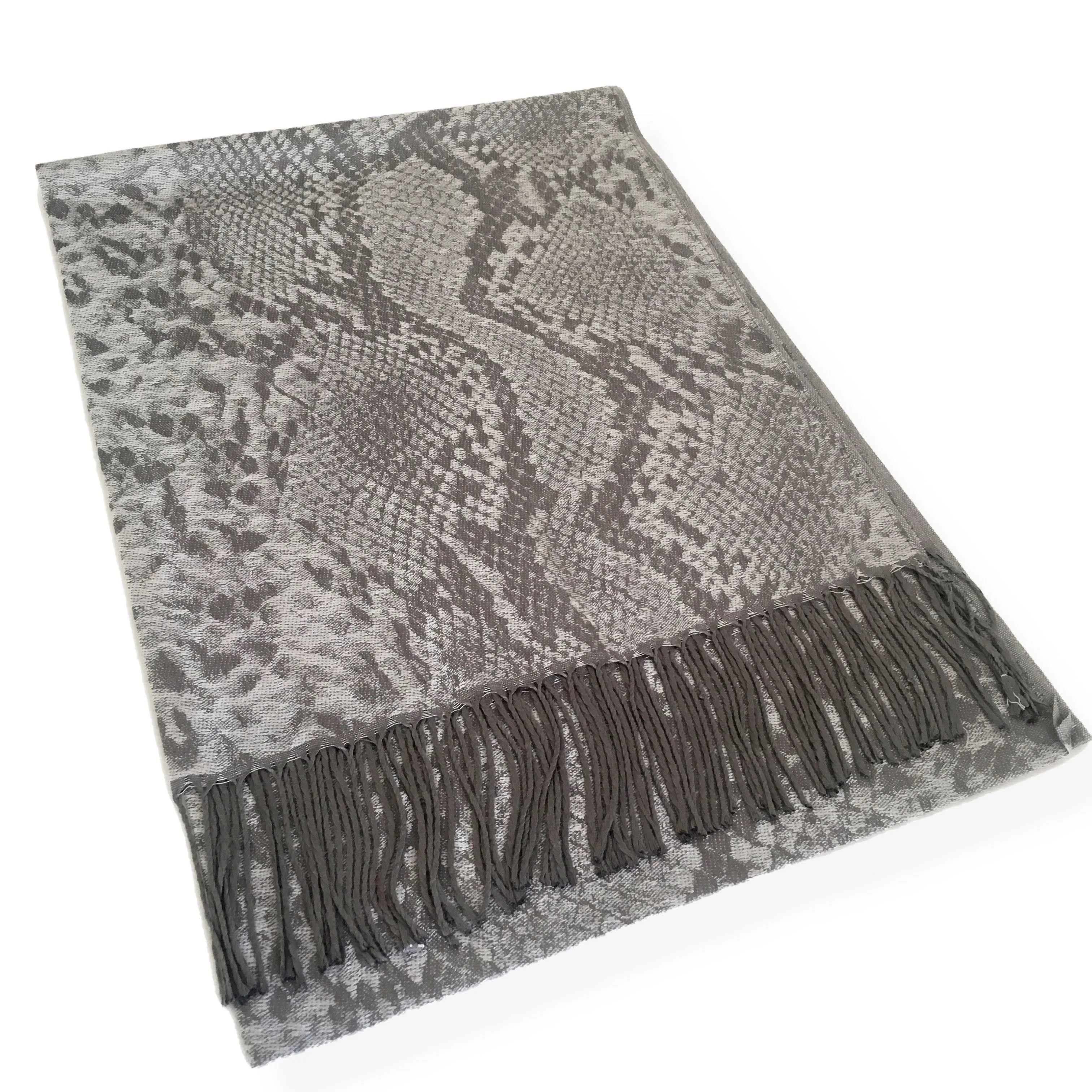 SILVER GREY LARGE SNAKESKIN PRINT REVERSIBLE PASHMINA SHAWL SCARF