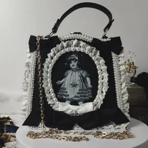 Vintage Lace Black Satchels Doll Punk White Bowtie Imitation Pearl Bag