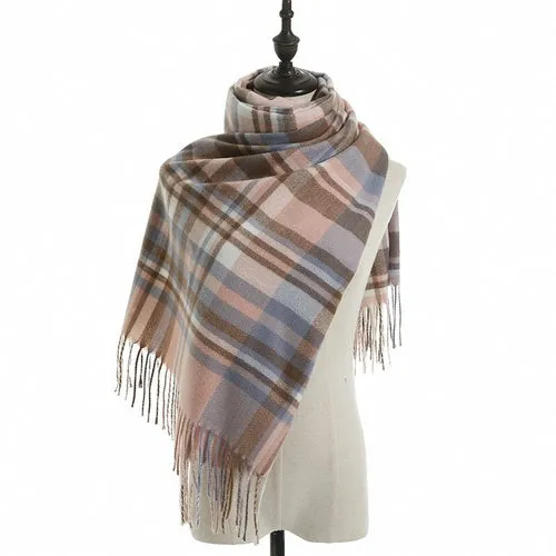 Women's Fall Winter Scarf Classic Tassel Plaid Scarf Warm Tartan Wrap