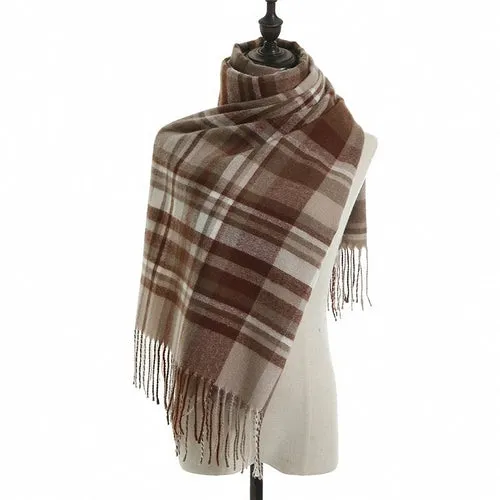 Women's Fall Winter Scarf Classic Tassel Plaid Scarf Warm Tartan Wrap